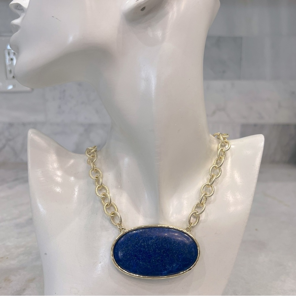 Lapis Lazuli Oval Pendant Fancy Chain Necklace - Picture 7 of 12